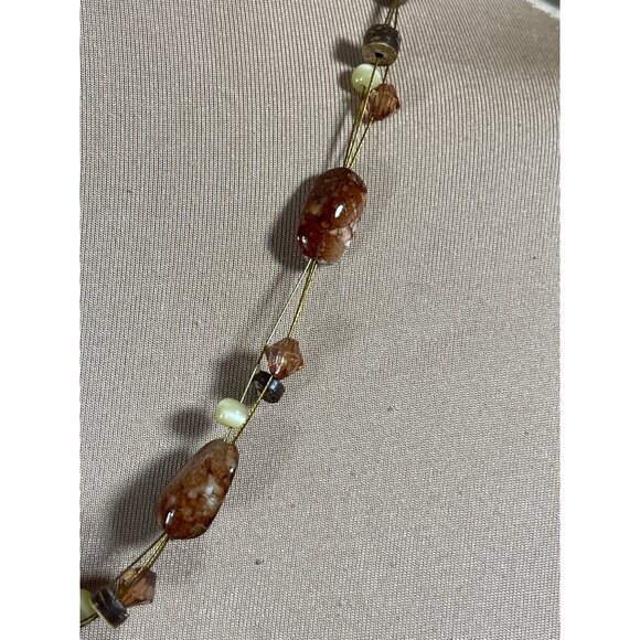 Copper Tone Wire Pearlescent Disc Stone Beaded Necklace Artisan Boho - Picture 3 of 5